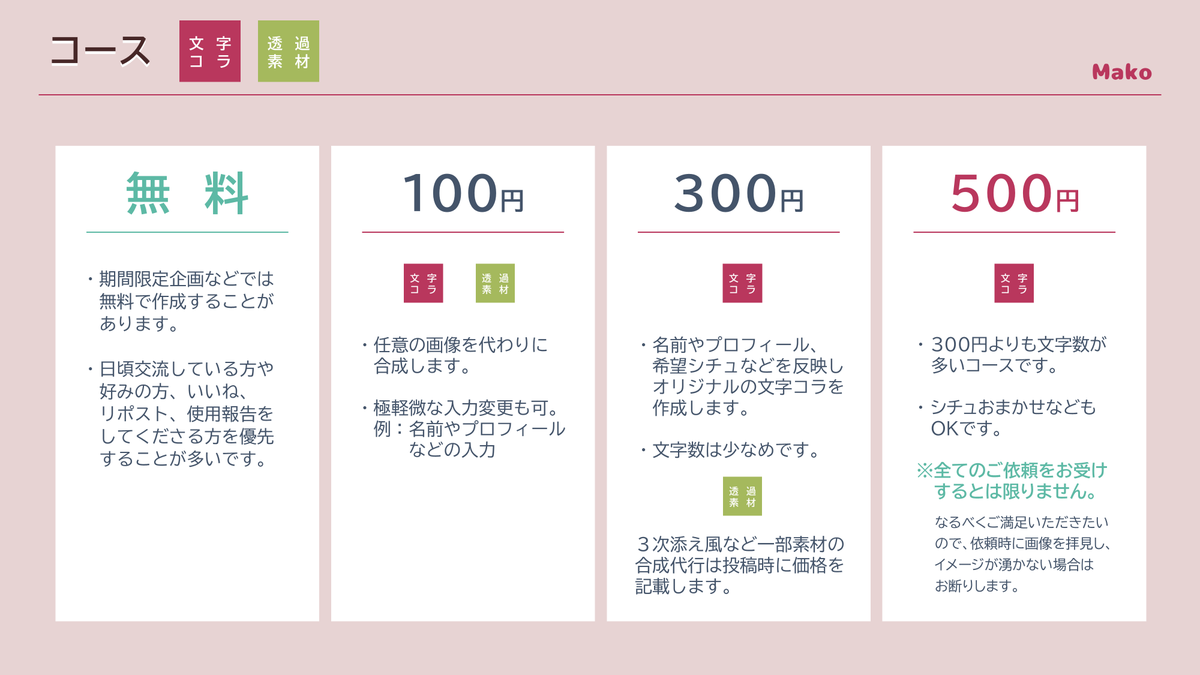 mako_mojicora's tweet photo. ▼最初に読んでね▼
文字コラ作成依頼や透過素材の使用をする際はご一読ください。
※文字コラ作成依頼は不定期でお受けします。お受けする際は投稿でお知らせします。

🆖
・催促や失礼な方などはブロックします。
・制作物で起きたトラブルについては責任を負いかねます。 https://t.co/OaewTEddwZ