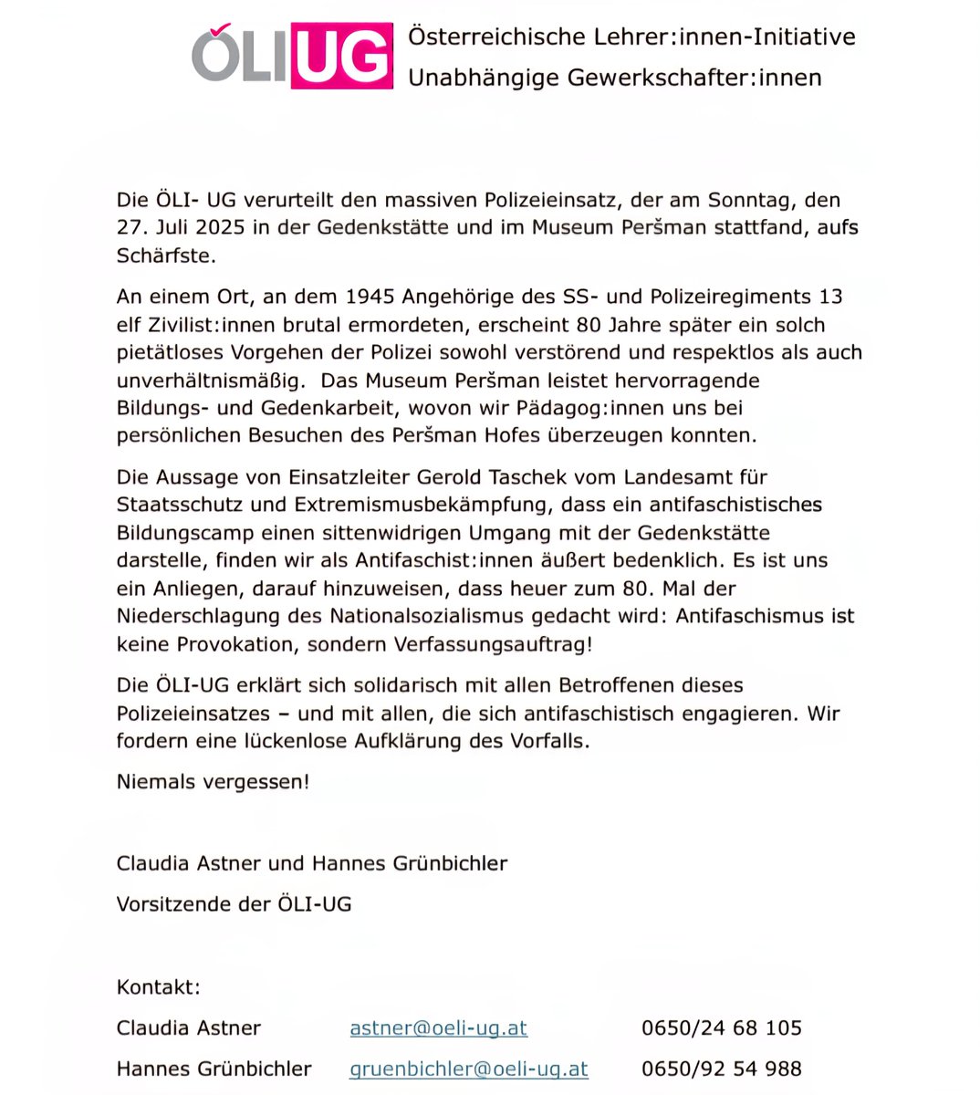 Polizeieinsatz in Gedenkstätte und im Museum Peršman:

Unsere Solidarität mit den Betroffenen und mit allen, die sich antifaschistisch engagieren. Wir wollen eine lückenlose Aufklärung des Vorfalles.