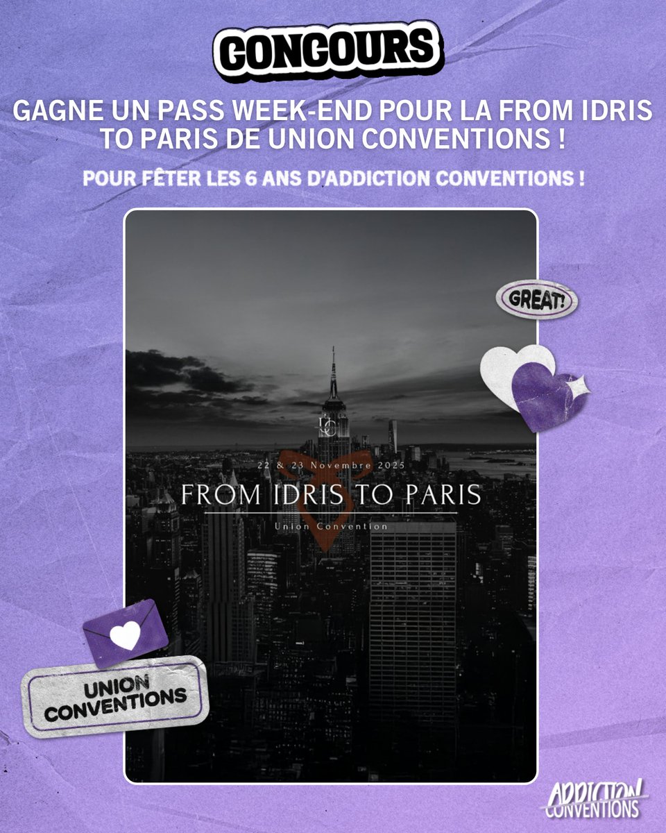 Addiction Conventions (@addictionconv) on Twitter photo J5 #Giveaway
Tente de remporter un pass week-end pour la #FITP de <a href="/Union_Conv/">Union Conventions</a> ! #Shadowhunters
- Follow <a href="/Union_Conv/">Union Conventions</a> et @addictionconv
- RT ce tweet
- Dis nous en commentaire quel est le guest de Shadowhunters que tu as préféré rencontrer, ou celui que tu as le plus hâte de J5 #Giveaway
Tente de remporter un pass week-end pour la #FITP de <a href="/Union_Conv/">Union Conventions</a> ! #Shadowhunters
- Follow <a href="/Union_Conv/">Union Conventions</a> et @addictionconv
- RT ce tweet
- Dis nous en commentaire quel est le guest de Shadowhunters que tu as préféré rencontrer, ou celui que tu as le plus hâte de
