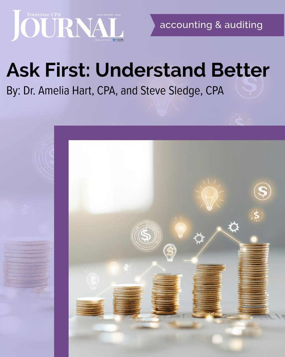 In this article of the Tennessee CPA Journal written by Dr. Amelia Hart, CPA and Steve Sledge, CPA, read about the important questions CPAs should be asking to perform their jobs. #TSCPA #TennesseeCPAJournal

Read now > onlinedigeditions.com/publication/?i…