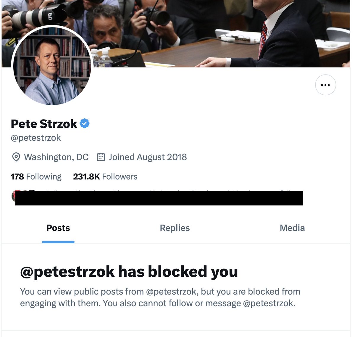 Strzok nuked his account--on legal advice?
He was once very interested in me--blocked me once I called him out.