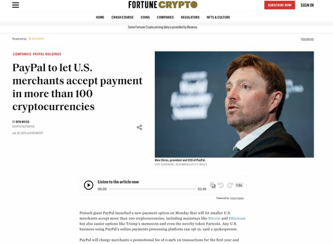 PayPal CEO Alex Chriss announcing crypto payment acceptance for US merchants