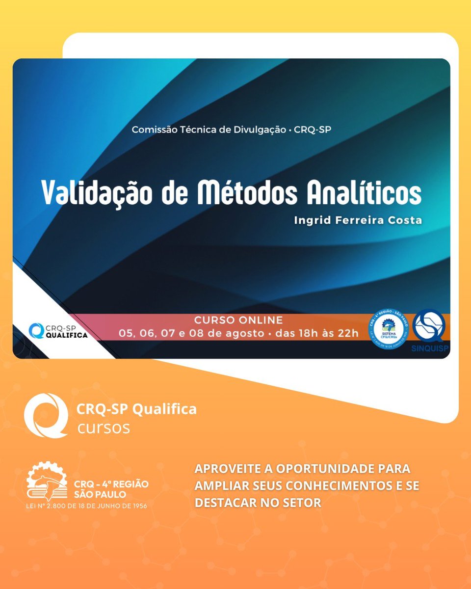 BibliotecaCQ's tweet image. Validação de Métodos Analíticos
De 5 a 8 de agosto | 
No curso, você vai dominar os fundamentos da #validação de #métodos analíticos com #base nas diretrizes da @anvisa_oficial , MAPA e @Inmetro. 
🔗 Inscreva-se: crqsp.org.br/qualifica .
@FCFUSP @iq_usp