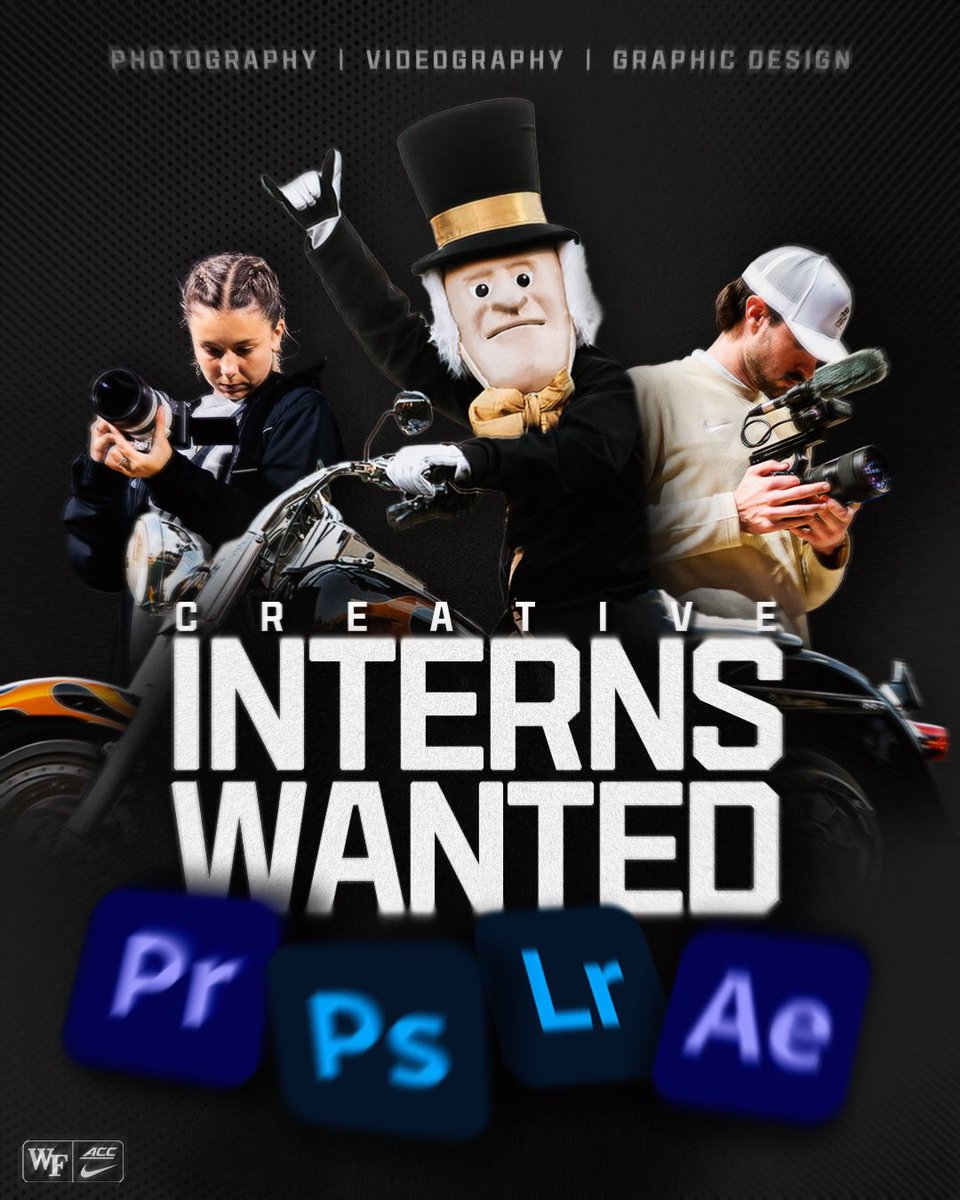 Wake Forest Creative (@wakecreatives) on Twitter photo Come join the team!
⚫️ Photography
⚫️ Videography
⚫️ Graphic Design
Email fowlerc@wfu.edu for more information! Come join the team!
⚫️ Photography
⚫️ Videography
⚫️ Graphic Design
Email fowlerc@wfu.edu for more information!