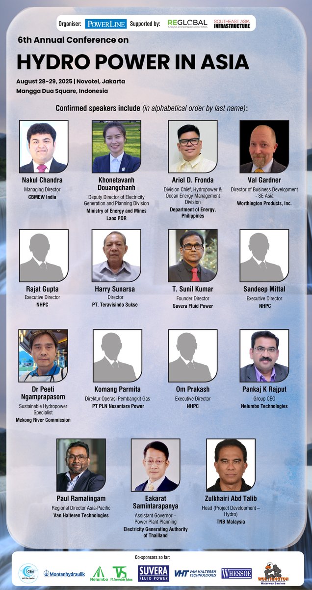reglobal2's tweet photo. We are excited to welcome the confirmed speakers for the 6th Annual Hydro Power Asia Conference, scheduled for August 28–29, 2025, at Novotel Jakarta, Mangga Dua Square, Indonesia.

To register now, visit: https://t.co/oj9fbE1lDW

#HydroPowerAsia #AsiaEnergyConference https://t.co/UiWFGAKNvC