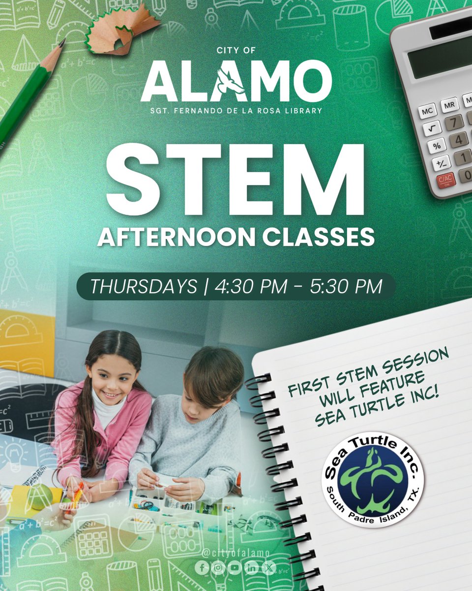 CityofAlamo's tweet image. Don’t miss STEM at the Library! 🔬
Join us Thursdays, 4:30–5:30 PM, at the Sergeant Fernando De La Rosa Memorial Library. 
First up: @seaturtleinctx on the biology &amp;amp; ecology of native sea turtles! 🌊🐢
#CityOfAlamo #STEMatTheLibrary #AlamoTX