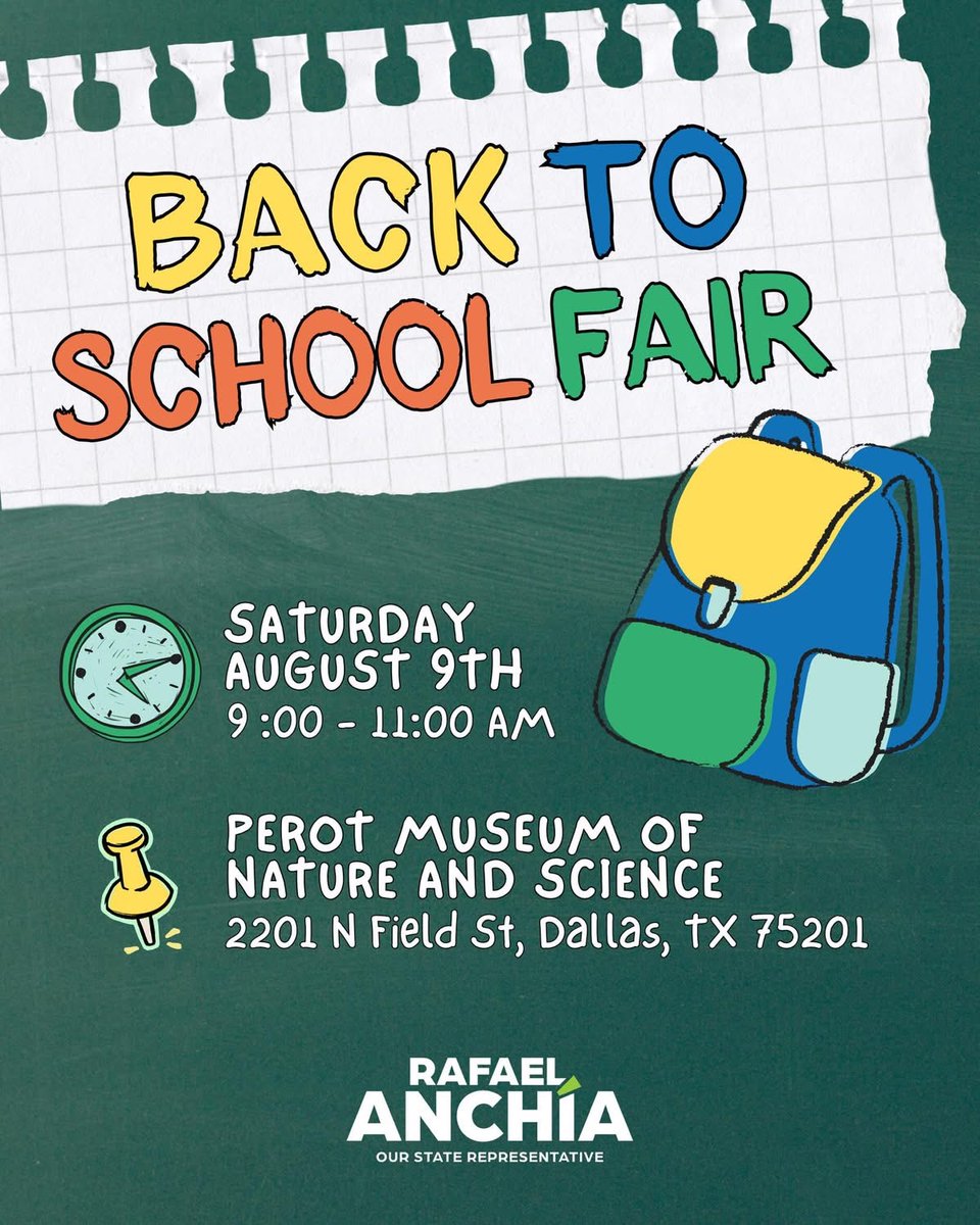 Seagoville_ES's tweet image. BTS Fair on Saturday, August 9 at the Perot Museum from 9-11 am. Over 1,500 backpacks filled with school supplies will be provided. 20 bikes will be raffled. Free access to the museum. Sponsored by Texas State Rep. Rafael Anchía. See you there!