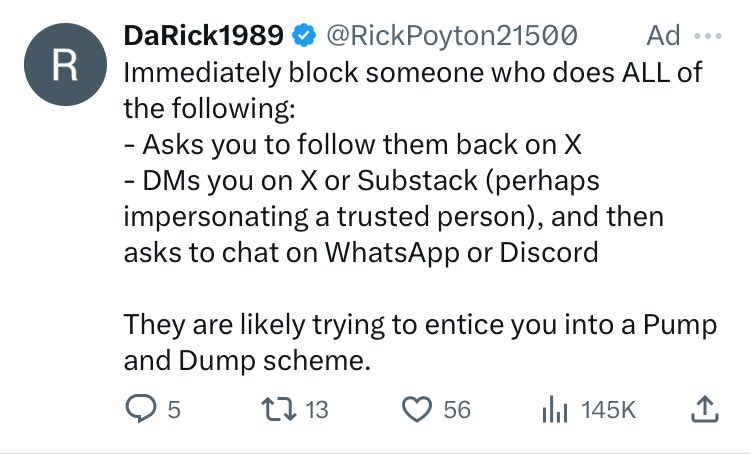 Also immediately block someone who does one of the following: 

- puts an ad in your timeline