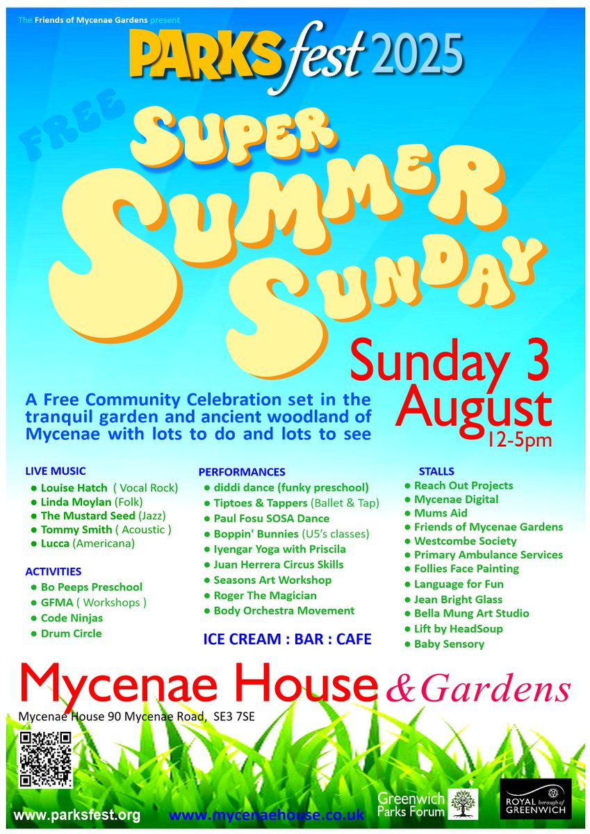 Mycenae House (@mycenaehouse) on Twitter photo So excited about our annual #PARKSfest Family Fun Day this Sun 3 Aug 12-5pm, a free community celebration in <a href="/mycenaegardens/">Friends of Mycenae Gardens</a>
With Live Music, a packed programme of performances & activities plus great food & drink.
Mycenae House & Gardens, 90 Mycenae Road, Blackheath, SE3 7SE So excited about our annual #PARKSfest Family Fun Day this Sun 3 Aug 12-5pm, a free community celebration in <a href="/mycenaegardens/">Friends of Mycenae Gardens</a>
With Live Music, a packed programme of performances & activities plus great food & drink.
Mycenae House & Gardens, 90 Mycenae Road, Blackheath, SE3 7SE