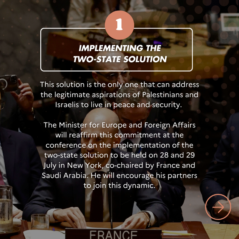 francediplo_EN's tweet photo. True to his historic commitment for a just and lasting peace in the Middle East, @emmanuelmacron will announce the recognition of the State of Palestine by France at the United Nations General Assembly in September 2025.

But what will that change in practical terms? 👇