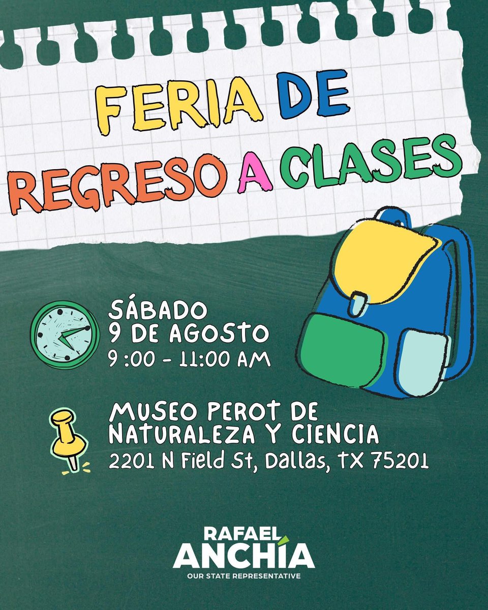 Seagoville_ES's tweet image. Feria de Regreso a Clases el sábado 9 de agosto de 9-11 de la mañana en el museo Perot. Se darán mochilas con útiles escolares. 20 bicicletas serán rifadas. Entrada gratis al museo. Patrocinado por el represente Sr. Rafael Anchía. ¡Nos vemos!