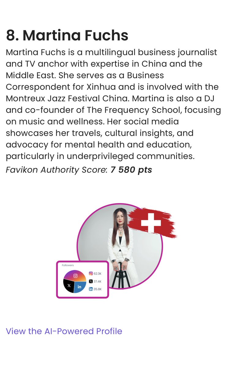 martinaglobal's tweet image. Happy Monday!
What a surprise to be ranked # 8 @LinkedIn Top Voice for Switzerland in 2025!
Alongside other business executives and thought leaders including @FIFAcom President Gianni Infantino and @UBS Group CEO Sergio Ermotti.
Here’s the full ranking:…