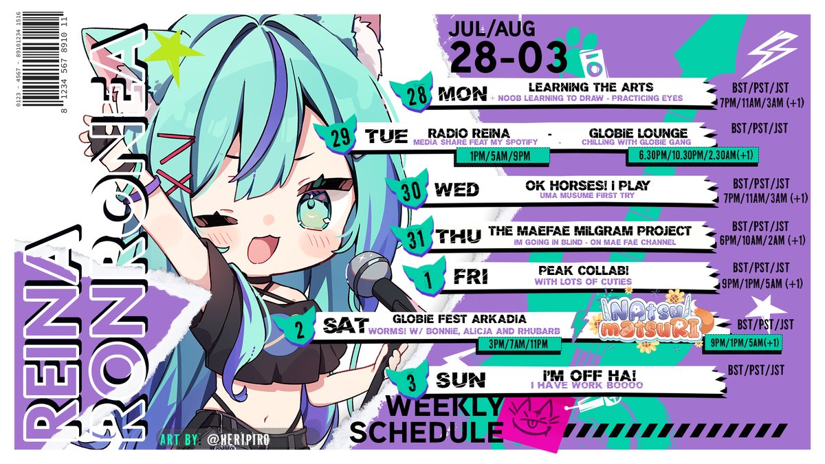 ReinaRonronea's tweet image. 🗓️SCHEDULE! July/August 28th - 3rd 🗓️

Lots of collabs this week! 2 of them will be on the Globie Main channel as part of our Globie Fest Events! 

I will also finally playing the horses game and will be part of another Karaoke Relay!! 

FUN FUN FUN!!

🐈‍⬛#ReinaRonronea…
