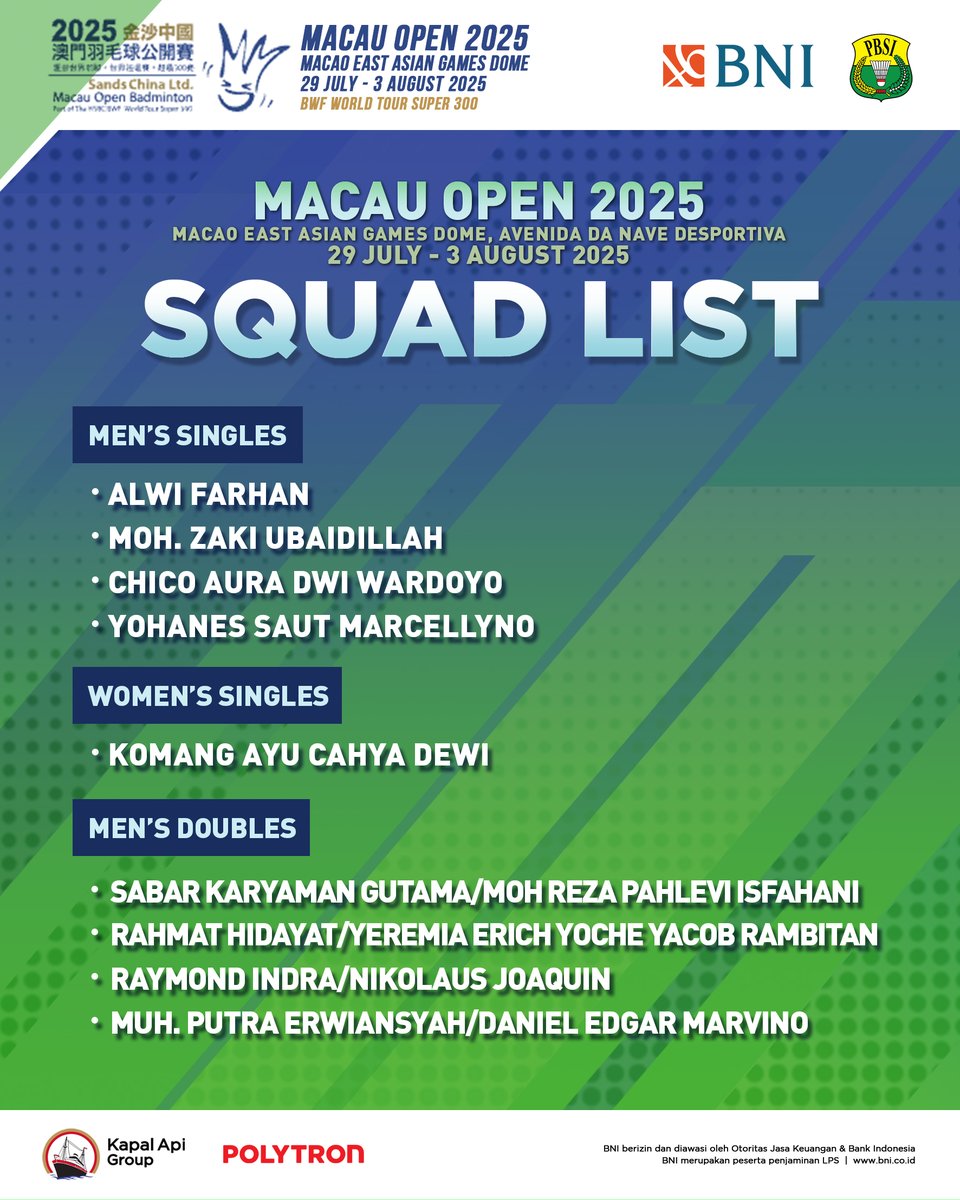 INABadminton's tweet image. Perjuangan kembali berlanjut, 16 wakil Indonesia akan berlaga di Macau Open 2025.

Pertandingan dengan level super 300 ini berlangsung di Macao East Asian Games Dome, Avenida da Nave Desportiva, 29 Juli - 03 Agustus 2025.

Siapa sajakah mereka, berikut list lengkapnya!…
