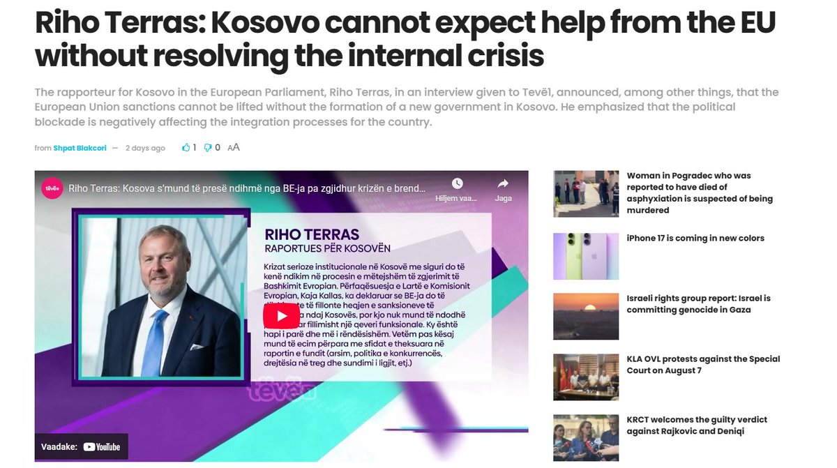 Riho Terras (@rihoterras) on Twitter photo Gave an interview to #Kosovo's Tevë1.
Serious institutional crises have an impact on the further enlargement process.
The #EU can't even lift sanctions until 🇽🇰 has a functioning government.
<a href="/EPPGroup/">EPP Group</a> <a href="/eu_enlargement_/">EU Enlargement & Eastern Neighbourhood 🇪🇺</a> <a href="/Europarl_EN/">European Parliament</a> Gave an interview to #Kosovo's Tevë1.
Serious institutional crises have an impact on the further enlargement process.
The #EU can't even lift sanctions until 🇽🇰 has a functioning government.
<a href="/EPPGroup/">EPP Group</a> <a href="/eu_enlargement_/">EU Enlargement & Eastern Neighbourhood 🇪🇺</a> <a href="/Europarl_EN/">European Parliament</a>