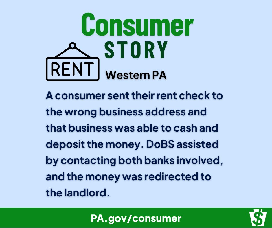 PA Department of Banking and Securities (@pabankingdept) on Twitter photo When their rent check was incorrectly delivered to the wrong business this consumer asked for our assistance.
For help with consumer protection concerns, ☎️Call: 1-866-PACOMPLAINT💻Email: consumer@pa.gov
🖥️ Visit: pa.gov/consumer
#ConsumerStories #WorkingForYou When their rent check was incorrectly delivered to the wrong business this consumer asked for our assistance.
For help with consumer protection concerns, ☎️Call: 1-866-PACOMPLAINT💻Email: consumer@pa.gov
🖥️ Visit: pa.gov/consumer
#ConsumerStories #WorkingForYou