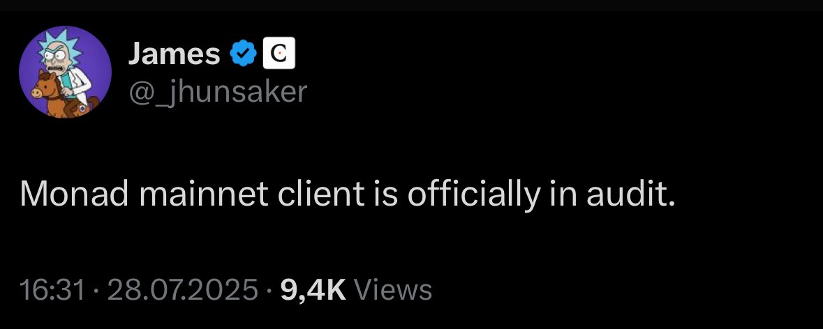 medusa_apple's tweet image. 🚨 BREAKING: 

“Monad Mainnet client is officially in audit.” 

James Hunsaker