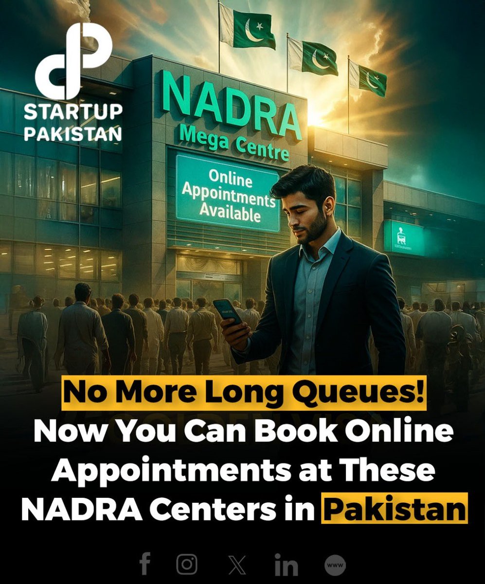 PakStartup's tweet image. No More Long Queues! Now You Can Book Online Appointments at These NADRA Centers in Pakistan

Read More Here: startuppakistan.com.pk/no-more-long-q…

#Appointments #NADRA #OnlineBooking
