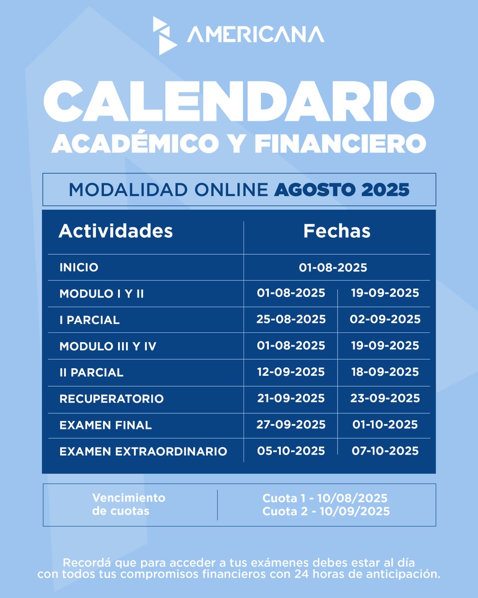 Calendario Académico y Financiero 2025 presencial y virtual. 
Importante: Para rendir tus exámenes, asegurate de tener tus compromisos financieros al día con al menos 24h de anticipación.
Sé parte de la #GeneraciónPRO