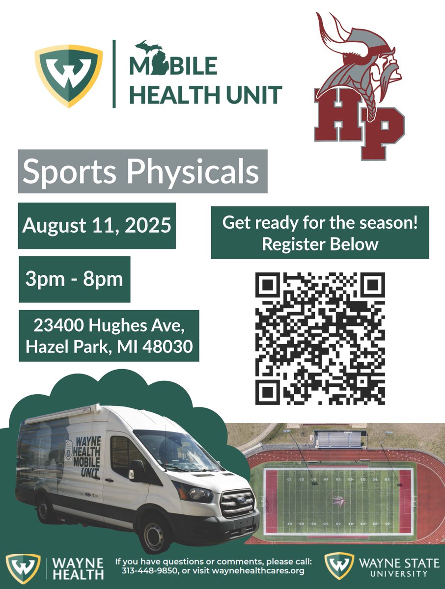 Hazel Park Schools is excited to announce that we will be offering FREE sports physicals, courtesy of the Wayne State University Mobile Health Unit, for our student-athletes on August 11, 2025, from 3 to 8 pm. Scan the QR Code to register. #hazelparkschools #GoVikings #GoPatriots