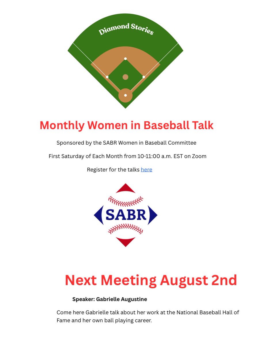 Still time to register for this Saturday’s <a href="/SabrWomen/">SABR Women in Baseball Committee</a> Diamond Stories with Gabrielle Augustine!

When: Saturday, August 2nd

Time: 10-11am EST, 7-8am PST

Open to Everyone:
-<a href="/sabr/">SABR</a> members
-Baseball fans
-You!

Registration Link: kent-edu.zoom.us/meeting/regist…