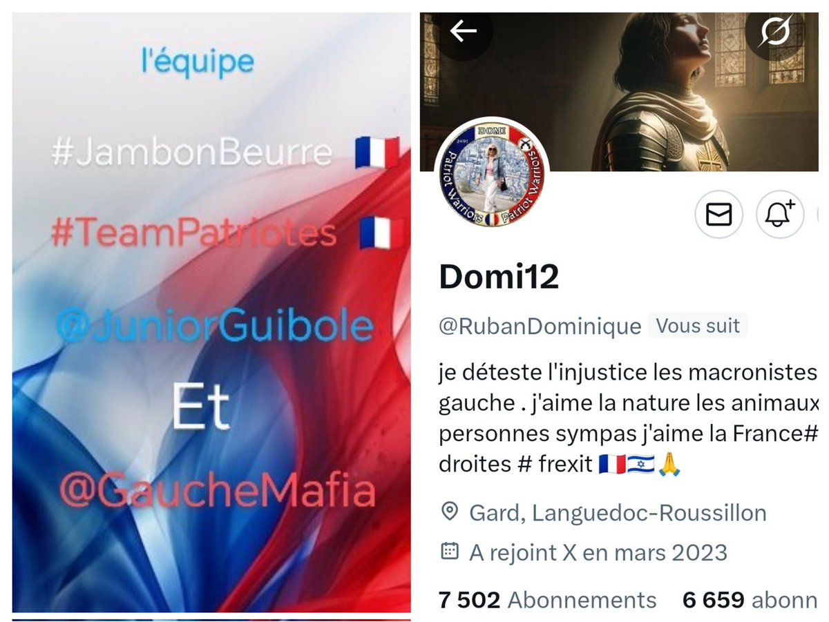 INFO🚨Merci de partager !🚨
Mes amis abonnés😉
Ainsi que l'équipe #JambonBeurre #TeamPatriotes 🇨🇵
Notre amie <a href="/RubanDominique/">Domi12</a>    👍
Aurait besoin d'un petit coup de pouce pour grossir sa TL!🥳
Et ainsi lui donner plus de visibilité!
Merci de vous abonner à elle !🙏
Et n'oubliez