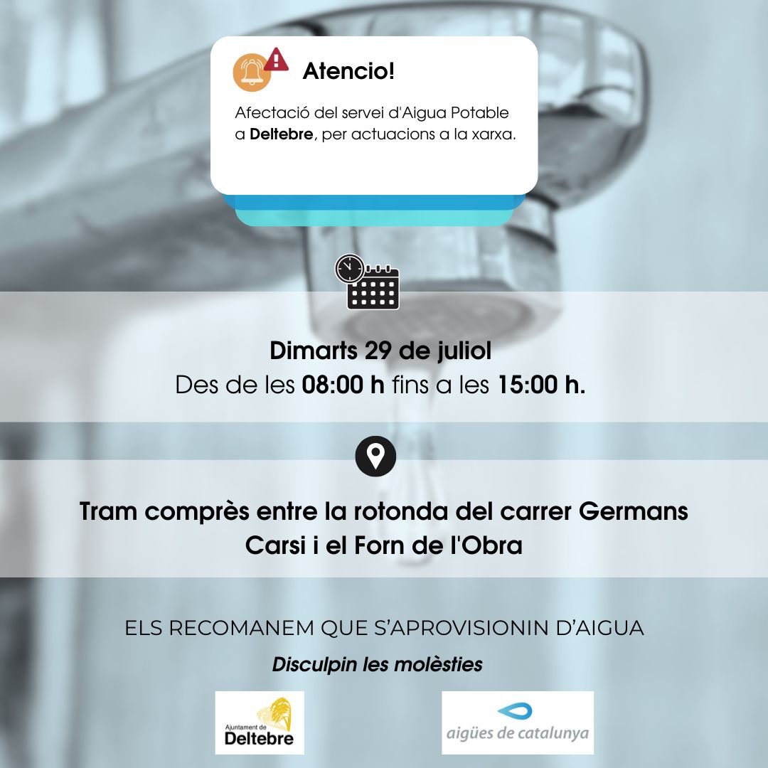 📢 ATENCIÓ: <a href="/ajdeltebre/">Ajuntament Deltebre</a> afectació del servei d'AP per actuacions a la xarxa

🗓️Dimarts 29/07
⏰Des de les 08 h fins a les 15 h
📍Les cases ubicades des de la nova rotonda del carrer Germans Carsi fins al Forn de l’Obra.

🙏Disculpin les molèsties