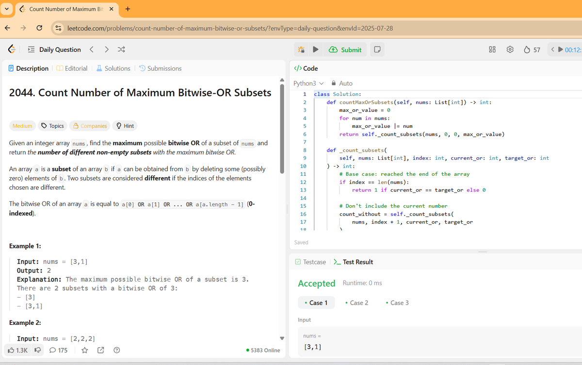 sapkota88759's tweet image. #LSPPDay58
Today I solved LeetCode problem 2044. Count Number of Maximum Bitwise-OR Subsets 🧠
Learned how to use backtracking and bitwise OR to count subsets efficiently.
Small input, powerful logic!  @lftechnology #60DaysOfLearning2025 #LearningWithLeapforg