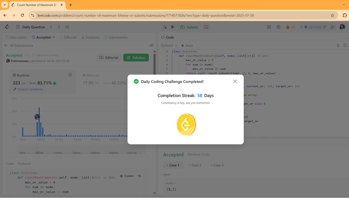 sapkota88759's tweet image. #LSPPDay58
Today I solved LeetCode problem 2044. Count Number of Maximum Bitwise-OR Subsets 🧠
Learned how to use backtracking and bitwise OR to count subsets efficiently.
Small input, powerful logic!  @lftechnology #60DaysOfLearning2025 #LearningWithLeapforg