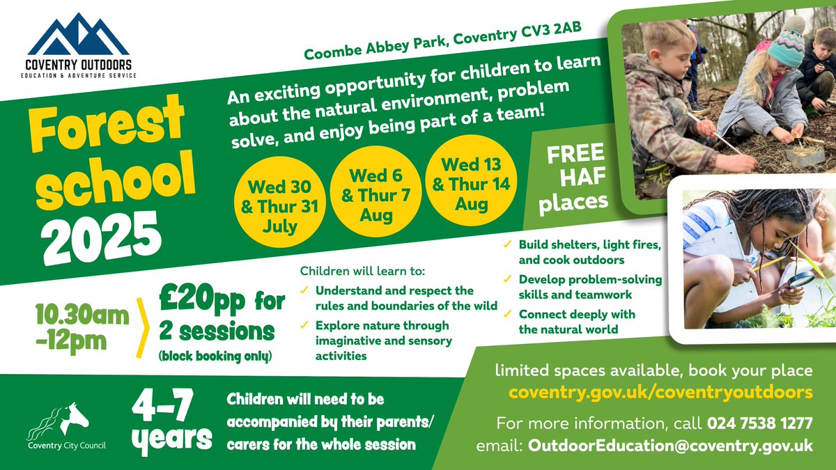 Join Coventry Outdoors Coombe Abbey Park and explore the natural world through exciting activities, including building shelters and fires, and even cooking outdoors!

To book a place visit coventry.gov.uk/coventryoutdoo…