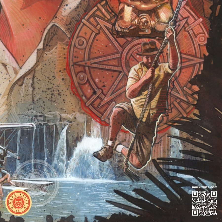 Raiders

A number of years back I was commissioned to do a Raiders piece for a collector.

Since then there has often been robust (sometimes very angry) debate as to why Indy is wearing shorts and the answer is simple:
Its not Indy swinging but the collector