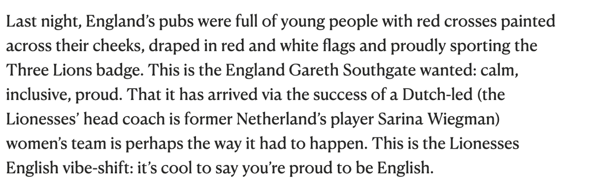 After scoring the winning goal in yesterday's Euros final, Chloe Kelly said something interesting and often unheard of: "I feel so proud to be English". 

What a victory for women's football! I wrote about why the Lionesses make it cool to be English for <a href="/NewStatesman/">The New Statesman</a>