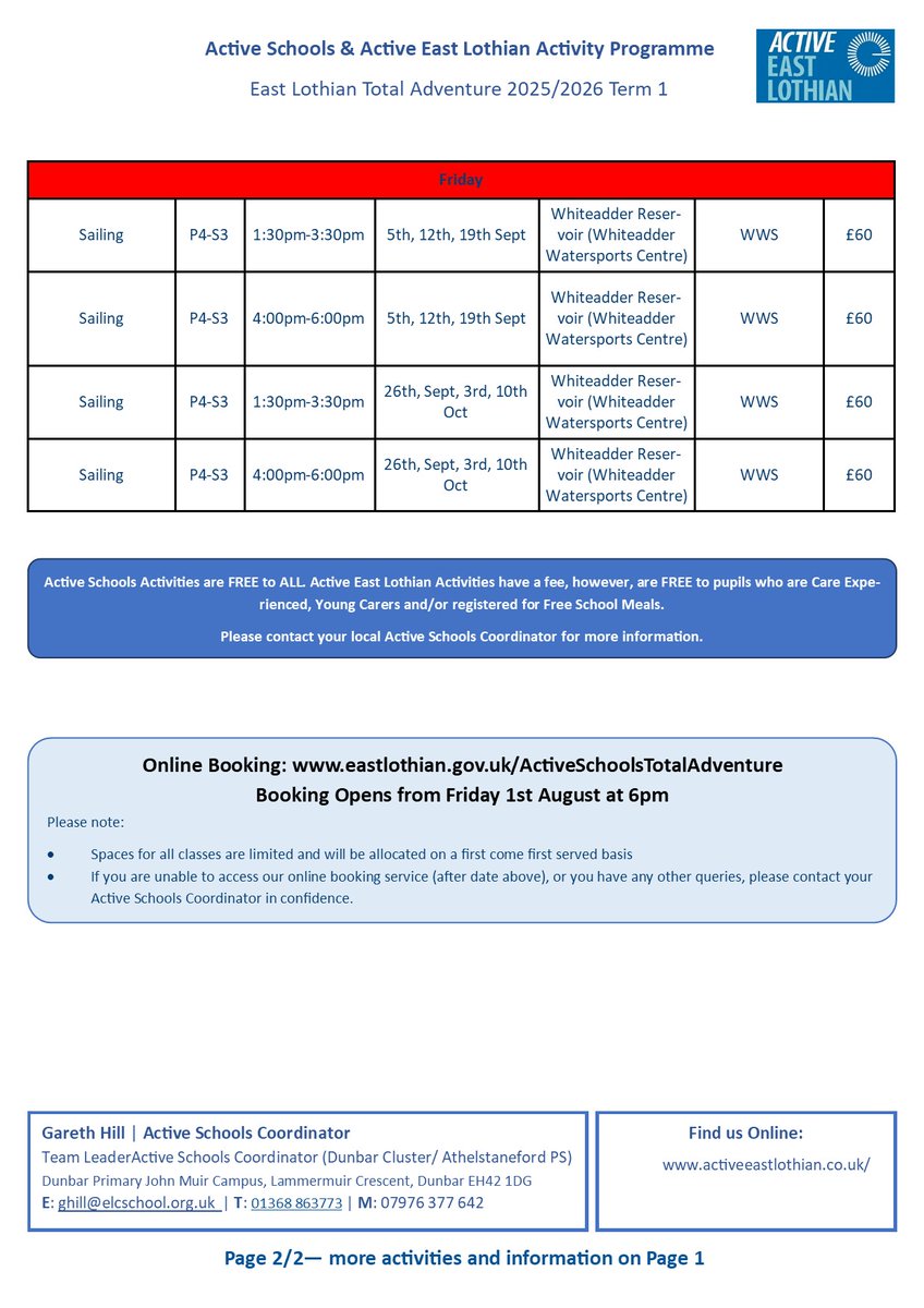 🌊 Ready for an adventure?
Active East Lothian’s Total Adventure programme is back with wakeboarding, sailing &amp; surfing!
📅 Book online from 6pm, Friday 1st August
👉 eastlothian.bookinglive.com/home/active-sc…
#TotalAdventure #ActiveEastLothian #OutdoorFun #EastLothianAdventures