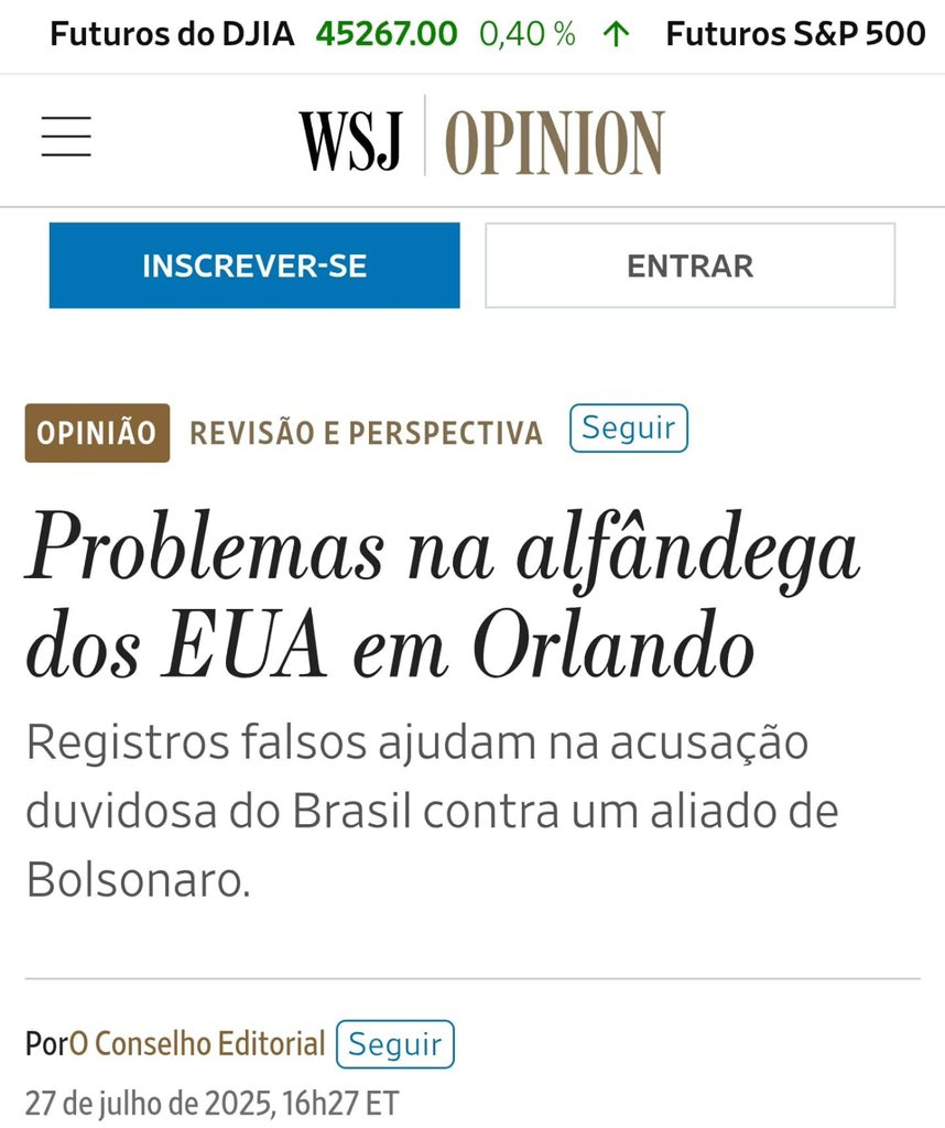 - Em um editorial assinado por todo seu Conselho de Editores, o Wall Street Journal, um dos principais jornais dos EUA, destacam o uso de documentos falsos para prender Filipe Martins e tentar extrair uma delação falsa para incriminar <a href="/jairbolsonaro/">Jair M. Bolsonaro</a> .

- O jornal também