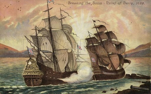 #OnThisDay 1689 The Siege of Derry ended when the Royal Navy ship 'Mountjoy' broke the boom across the River Foyle and was able to unload food &amp; supplies to the city. The siege lasted 105 days. Knowing the siege had failed, the Jacobites left on August 1.  
#Ireland #History