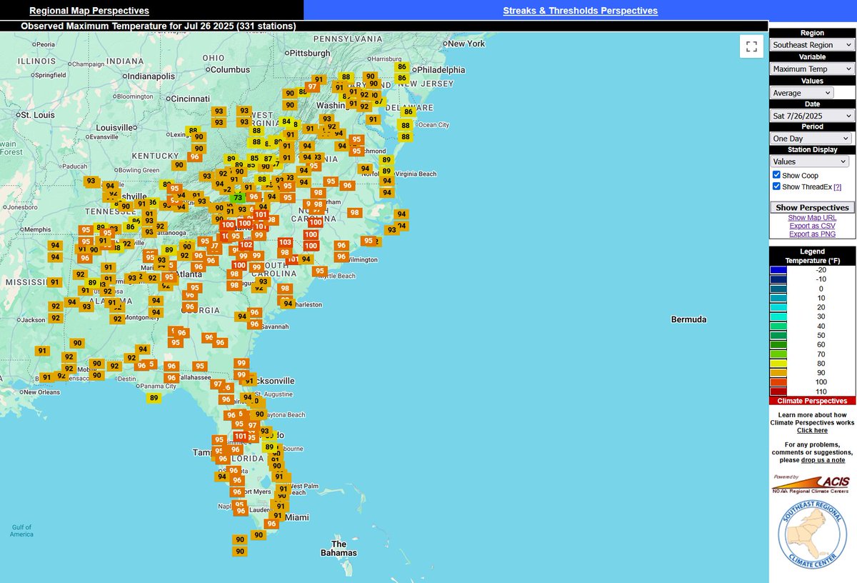 SERCC's tweet image. Like a broken record we will join in on welcoming @FlyTPA to the Century(100°) Club.. Also here are a few Max T. Maps from #CLIMPER from the weekend.. 
@NWSTampaBay @FLClimateCenter @NWSSouthern @NOAANCEI sercc.oasis.unc.edu/Map.php
