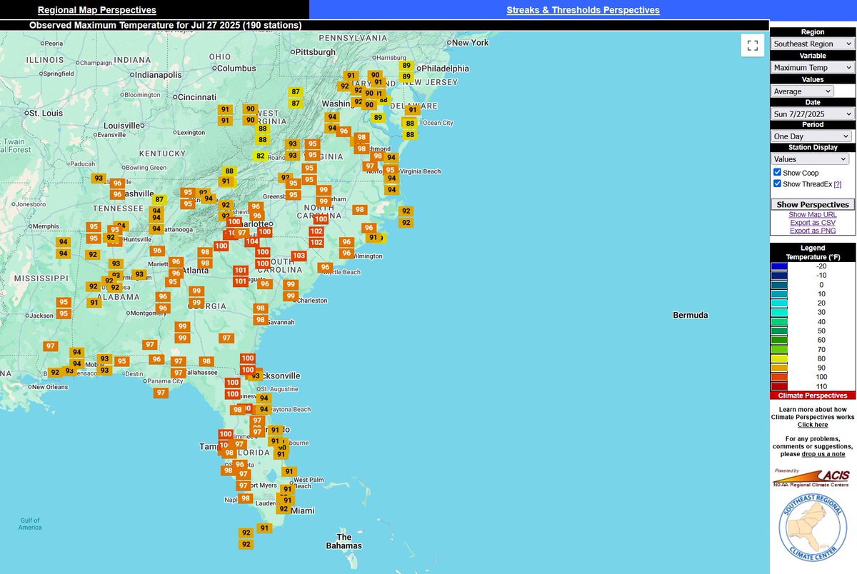 SERCC's tweet image. Like a broken record we will join in on welcoming @FlyTPA to the Century(100°) Club.. Also here are a few Max T. Maps from #CLIMPER from the weekend.. 
@NWSTampaBay @FLClimateCenter @NWSSouthern @NOAANCEI sercc.oasis.unc.edu/Map.php