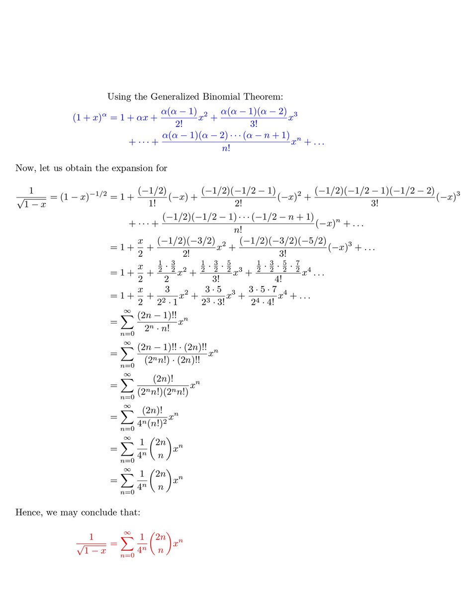 ChetuyaGamma's tweet image. Establishing the generating function for the Central Binomial Coefficient using the generalized Binomial theorem.
#math