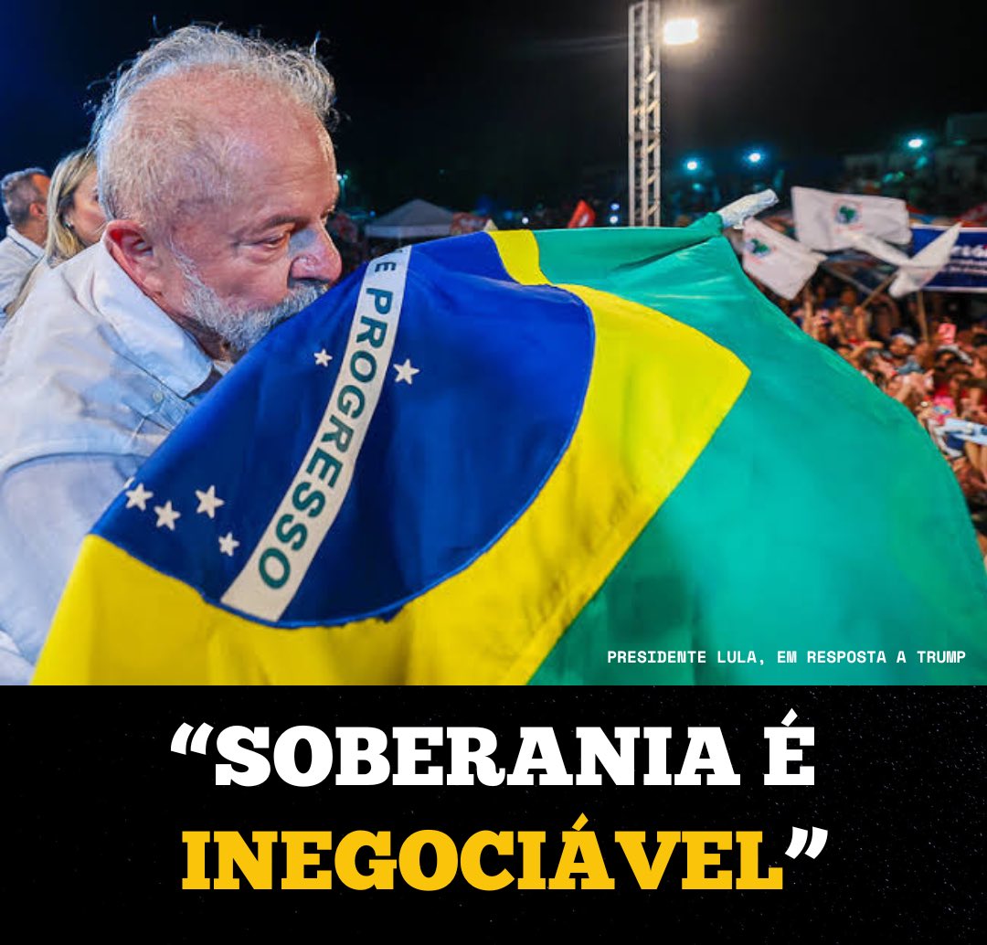Bom dia, povo! A tag do dia é: SOBERANIA É INEGOCIÁVEL 

O presidente Lula deu o recado a Trump e família Bolsonaro em defesa da nossa democracia e soberania, agora vamos colocar entre os assuntos mais comentados do país. O Brasil é soberano!

SOBERANIA É INEGOCIÁVEL