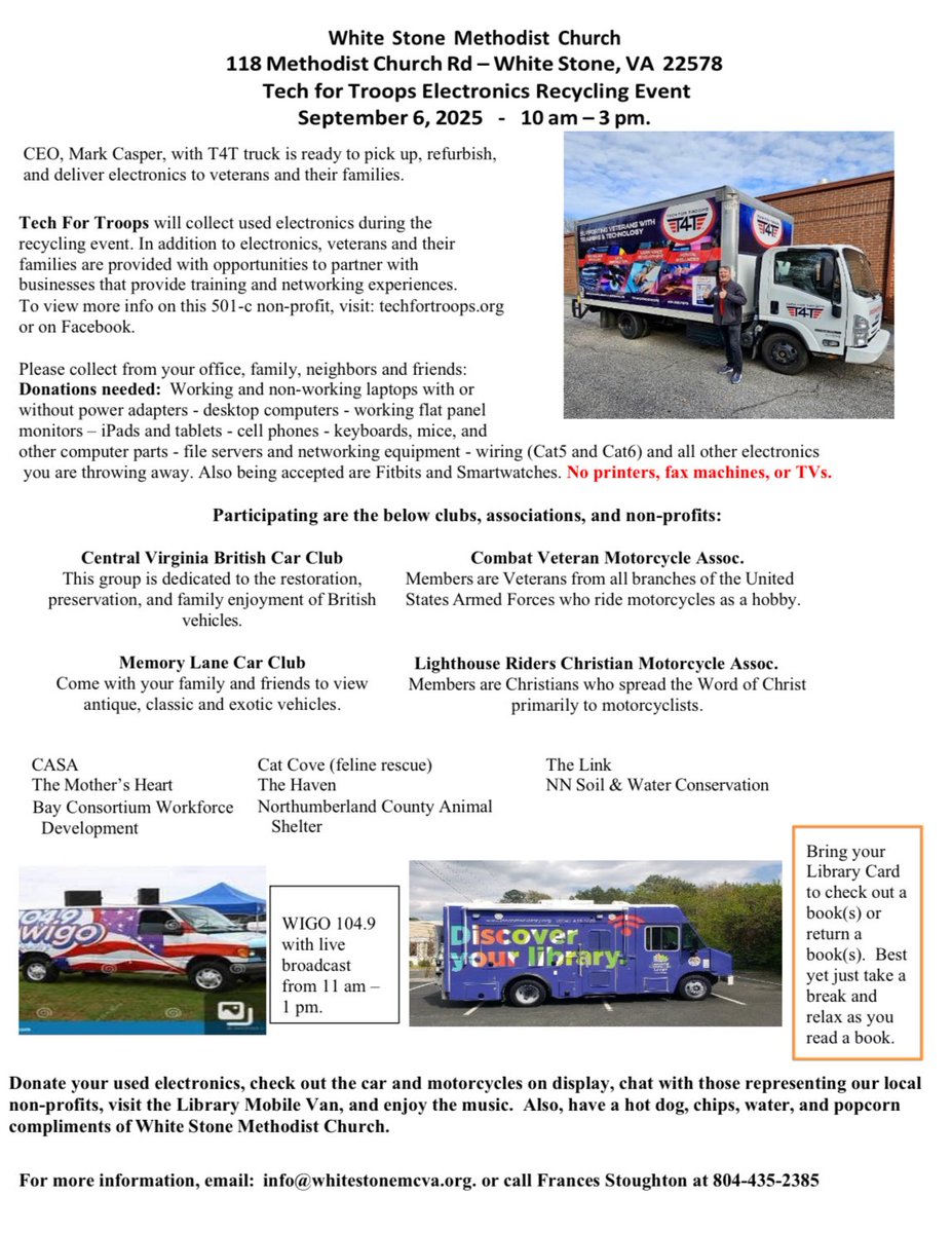 Join us for the Tech for Troops Electronics Recycling Event on September 6th at White Stone Methodist Church from 10am - 3pm.
#community #virginiacareerworks #bayconsortium