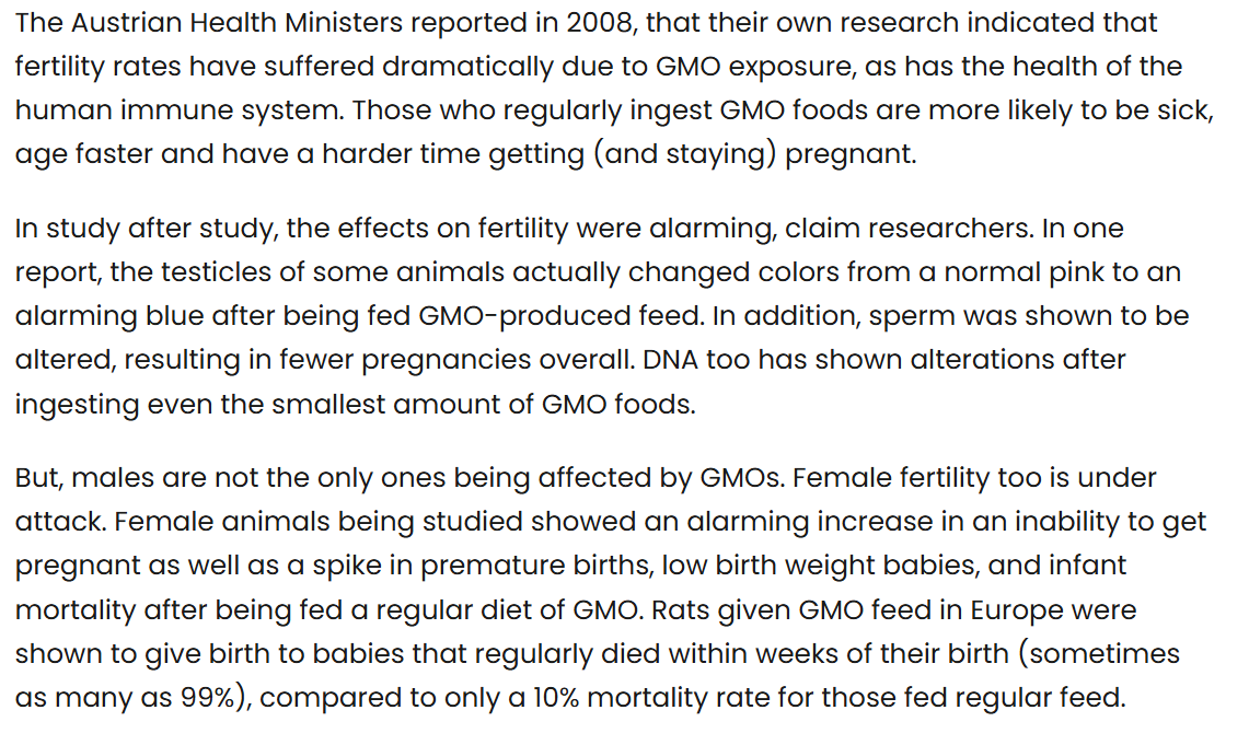 pshegs's tweet image. The Austrian Health Ministers reported in 2008, that their own research indicated that fertility rates have suffered dramatically due to GMO exposure, as has the health of the human immune system. Those who regularly ingest GMO foods are more likely to be sick, age faster and…