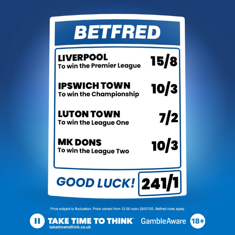 Betfred's tweet image. 🏆 | If you put £1 on a four-fold featuring the favourite for each of the top four leagues in England and they all came in, you&apos;d win £241! 

Who lets this acca down? 👀