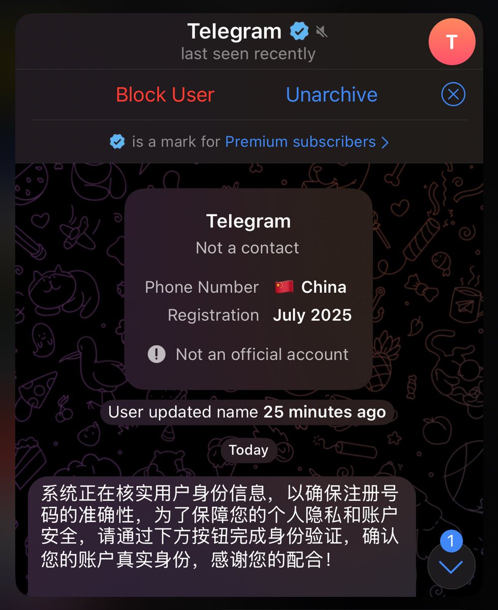 SuplabsYi's tweet image. ⚠️ 警惕!针对华语社区的新型 Telegram 钓鱼手法,骗子会伪装成 Telegram 安全账户要求点击验证。一旦点击并提供身份验证码后账户将被盗取!导致冒用身份诈骗!泄漏敏感数据!如果使用了 Mini App,资产将会被洗劫一空,身边朋友已有中招!(见图 3 )
避免方法:
1. 鉴别号码归属地及注册时间
2.…