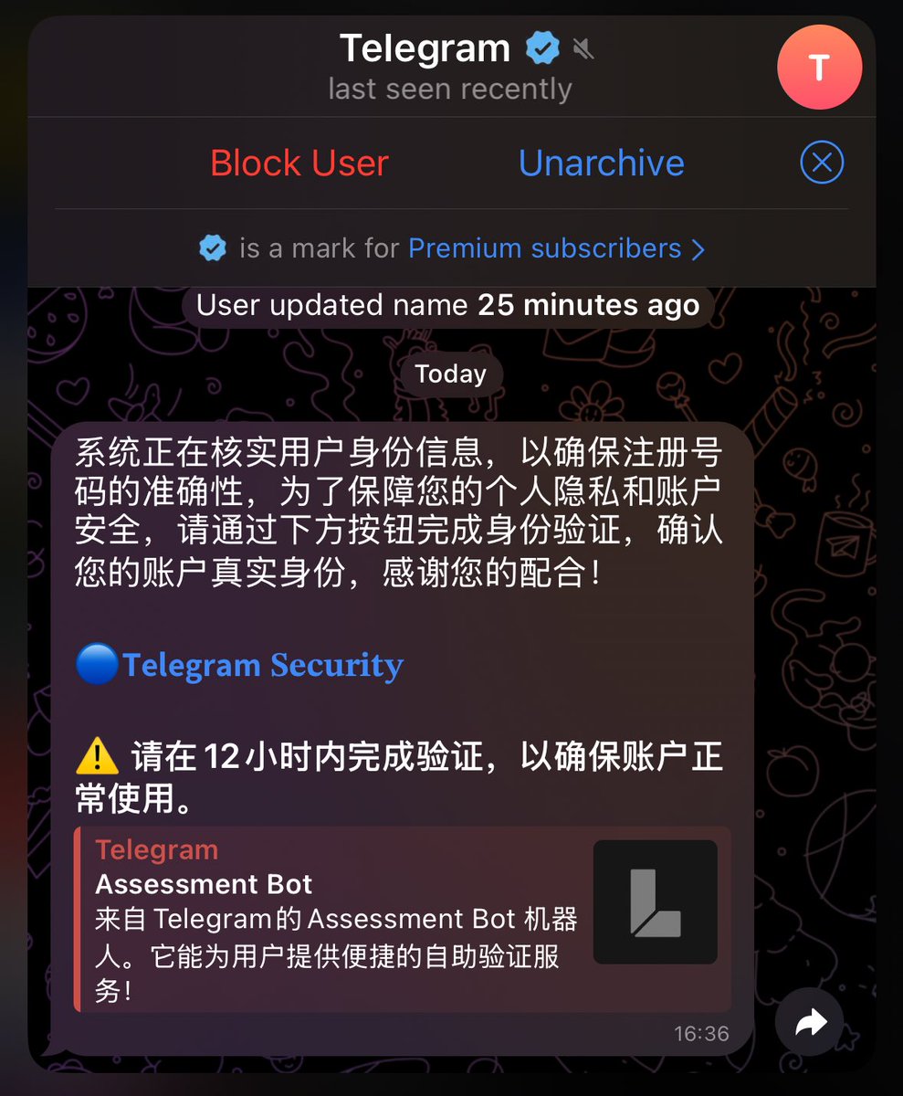 SuplabsYi's tweet image. ⚠️ 警惕!针对华语社区的新型 Telegram 钓鱼手法,骗子会伪装成 Telegram 安全账户要求点击验证。一旦点击并提供身份验证码后账户将被盗取!导致冒用身份诈骗!泄漏敏感数据!如果使用了 Mini App,资产将会被洗劫一空,身边朋友已有中招!(见图 3 )
避免方法:
1. 鉴别号码归属地及注册时间
2.…