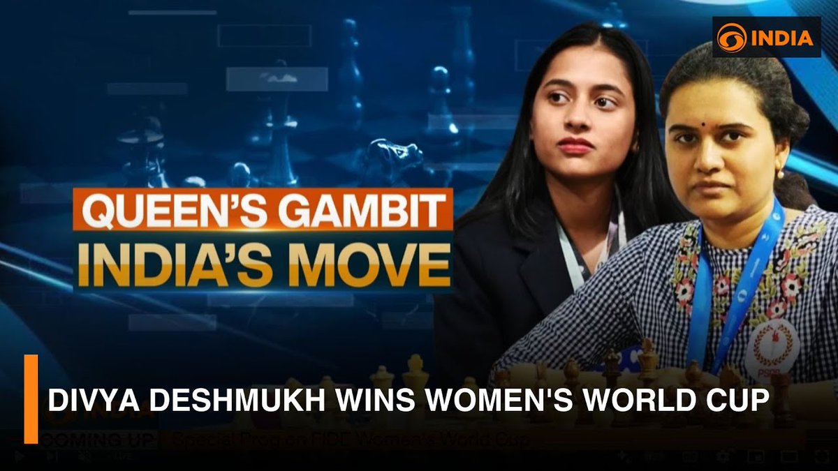 DD India (@ddindialive) on Twitter photo A historic moment for Indian chess!
Divya Deshmukh (<a href="/DivyaDeshmukh05/">Divya Deshmukh</a>) defeats veteran Koneru Humpy in a thrilling all-Indian final to win the FIDE Women’s Chess World Cup 2025.
She becomes the first Indian woman to lift the title and also earns her Grandmaster title — a A historic moment for Indian chess!
Divya Deshmukh (<a href="/DivyaDeshmukh05/">Divya Deshmukh</a>) defeats veteran Koneru Humpy in a thrilling all-Indian final to win the FIDE Women’s Chess World Cup 2025.
She becomes the first Indian woman to lift the title and also earns her Grandmaster title — a