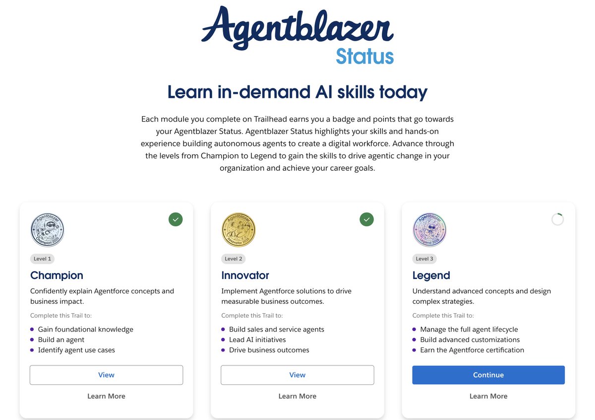 🚨 Big news for Trailblazers diving into AI + automation!

You may have seen the link floating around this weekend, but now it’s official: Agentblazer Legend status is LIVE 🎉 on Trailhead  🔗 trailhead.salesforce.com/agentblazer

#Agentblazer #Salesforce #Trailhead