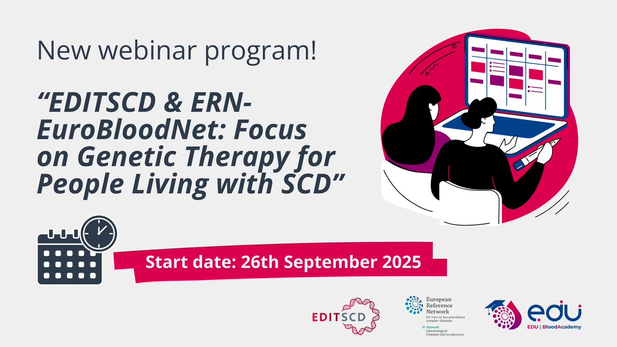ERNEuroBloodNet's tweet image. 🧬New Webinar Series | Genetic Therapy & Sickle Cell Disease!
We’re excited to announce the launch of EDITSCD & ERN-EuroBloodNet: Focus on Genetic Therapy for People Living with SCD.
📅 Starts 26 September 2025
🔗 Register here eurobloodnet.eu/education-2/pa…
#ERNeu #ERNs #HealthUnion