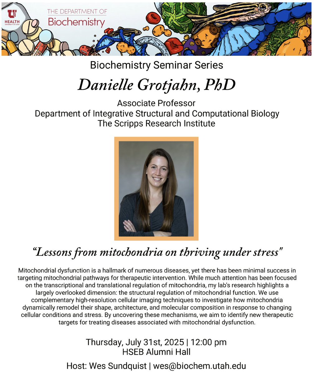 UofUBiochem's tweet image. On Thurs July 31st, Dr. Danielle Grotjahn @nanigrotjahn (Scripps) will give a talk entitled "Lessons from mitochondria on thriving under stress." 12pm in HSEB Alumni Hall!