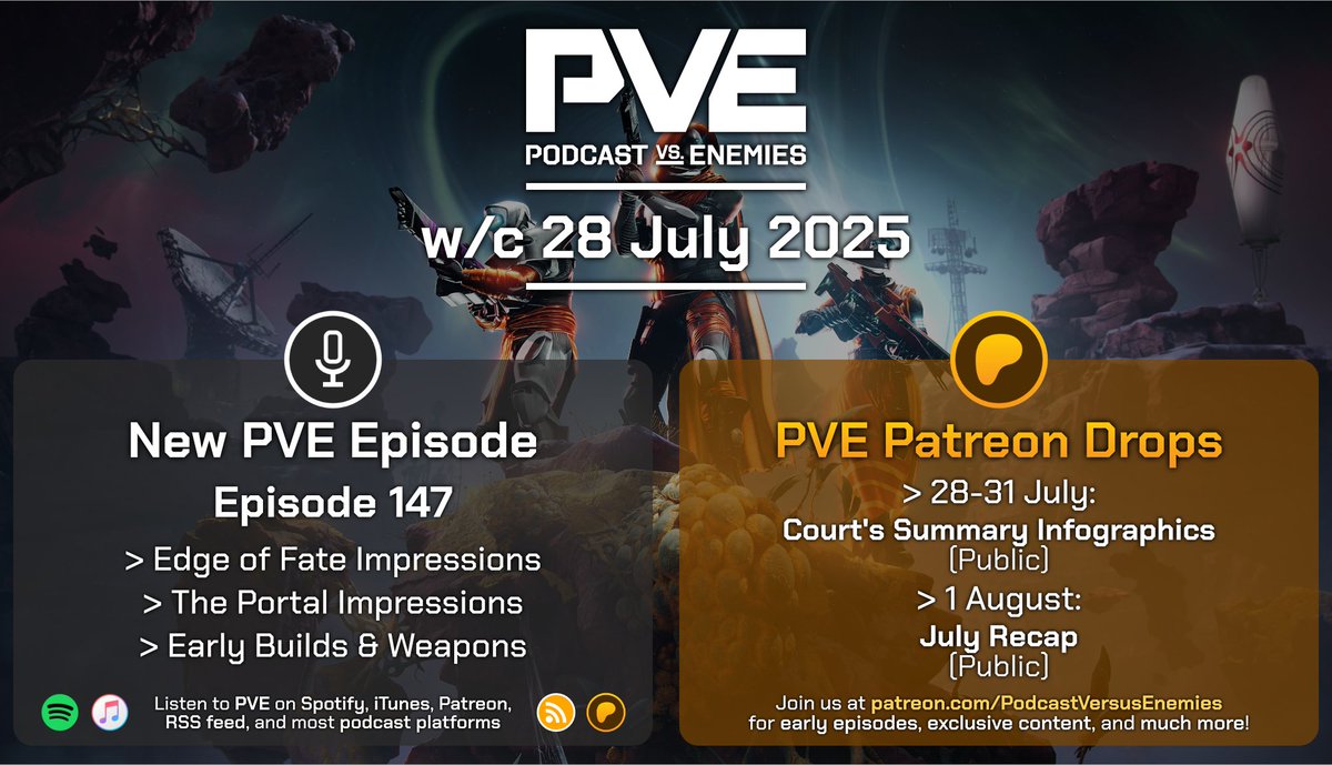 Podcast Versus Enemies ๐๏ธ (@podvsenemies) on Twitter photo Podcast Versus Enemies is back for the brand new era of Destiny 2(.5) with Episode 147. This week we're giving our first impressions and some gameplay highlights.
Patreon content this week:
๐  thru the Week: Court's Summary Graphics (Public)
๐  Fri: July Recap (Public) Podcast Versus Enemies is back for the brand new era of Destiny 2(.5) with Episode 147. This week we're giving our first impressions and some gameplay highlights.
Patreon content this week:
๐  thru the Week: Court's Summary Graphics (Public)
๐  Fri: July Recap (Public)