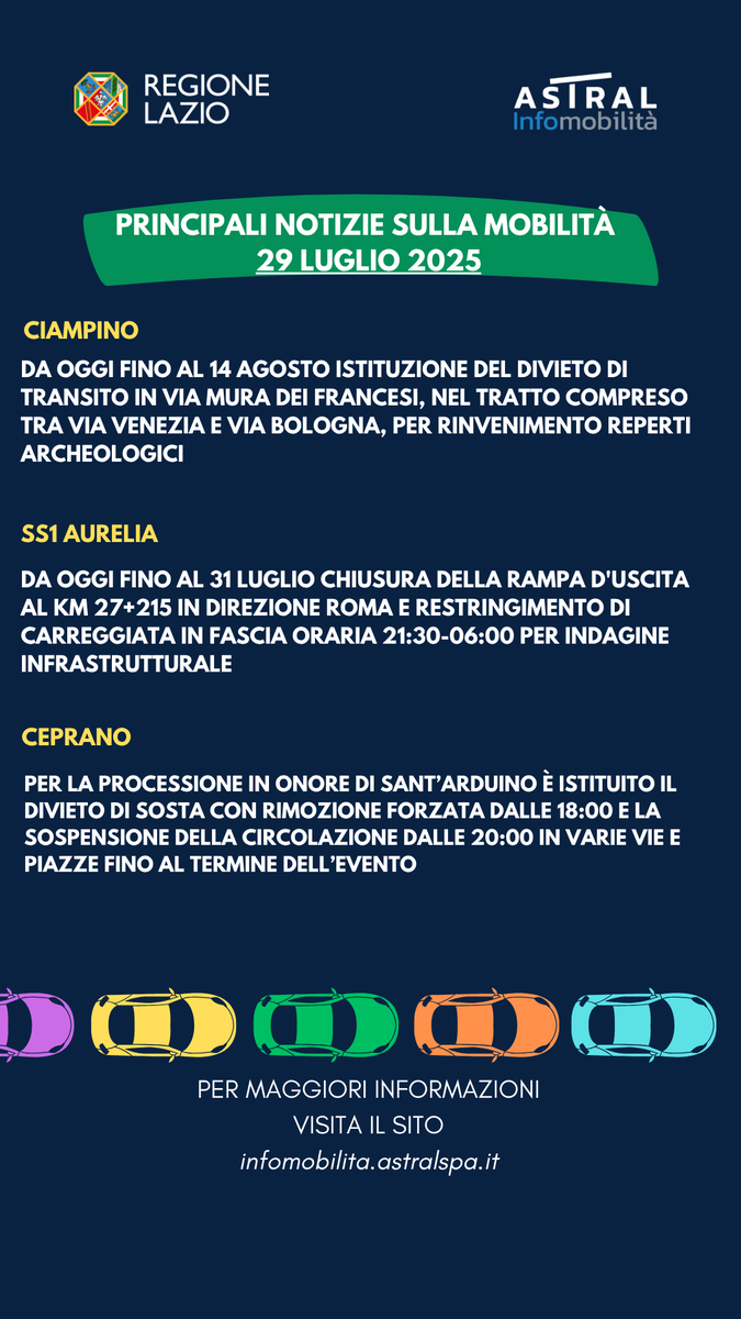 Regione Lazio (@regionelazio) on Twitter photo 🚘 <a href="/astralmobilita/">Astral Infomobilità</a> Le principali notizie sulla mobilità di oggi #29luglio
Qui tutti i dettagli tinyurl.com/3dxu4jaj 🚘 <a href="/astralmobilita/">Astral Infomobilità</a> Le principali notizie sulla mobilità di oggi #29luglio
Qui tutti i dettagli tinyurl.com/3dxu4jaj